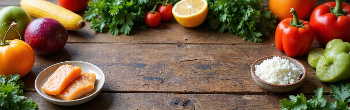 A vibrant, healthy meal spread on a rustic wooden table, with fresh ingredients like colorful vegetables, fruits, and lean protein, suggesting a wholesome lifestyle.