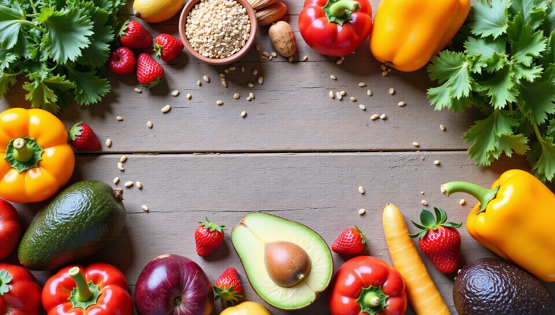 Vibrant assortment of fresh fruits, vegetables, and whole grains on a rustic wooden table, symbolizing healthy eating and nutrition.